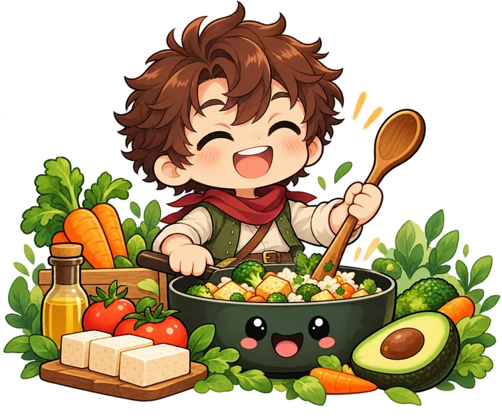 Rowan cooking with a skillet, tofu, and colorful vegetables.