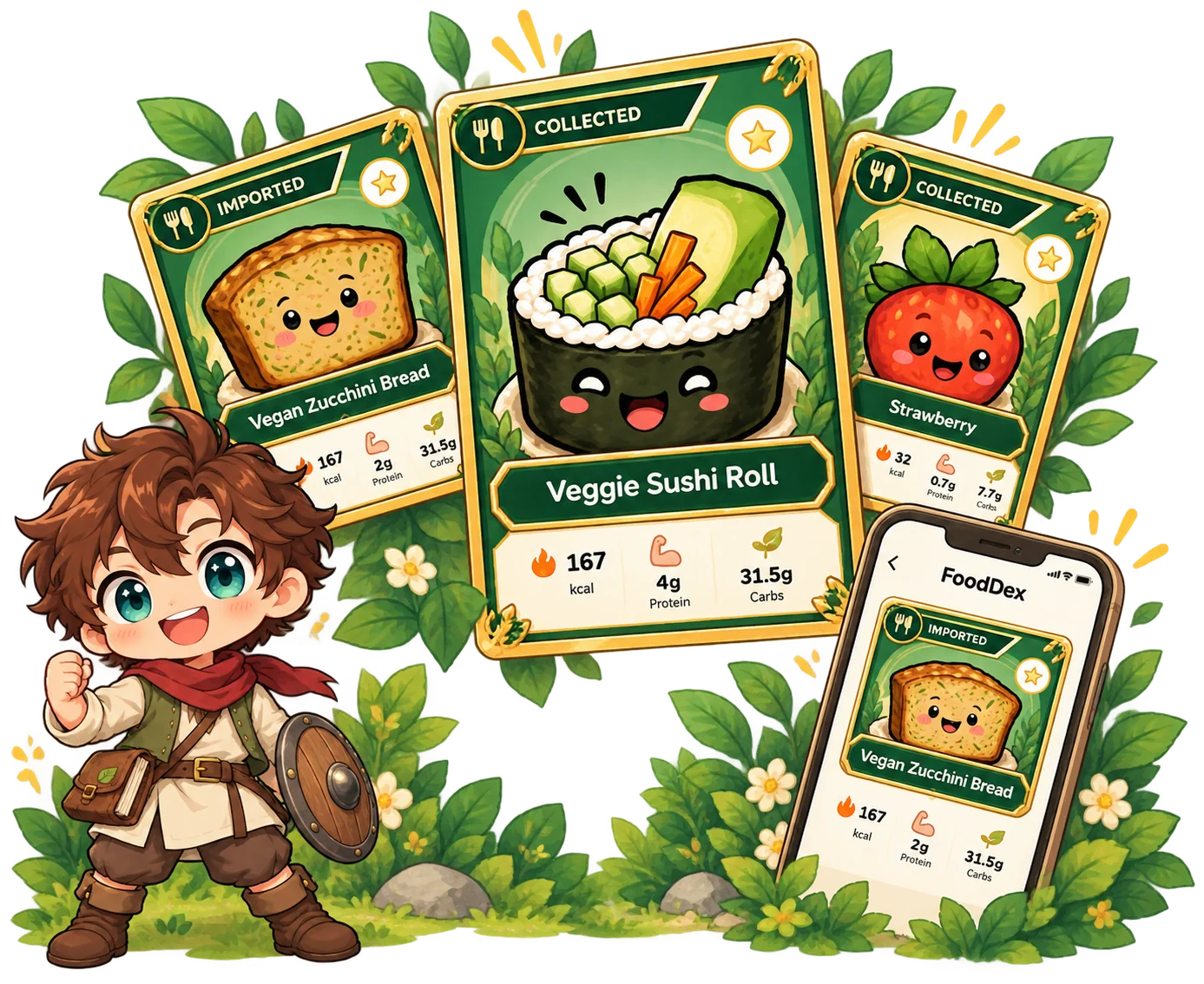 Rowan welcomes you to smiling sushi, zucchini bread, and strawberry Food Cartoon cards.
