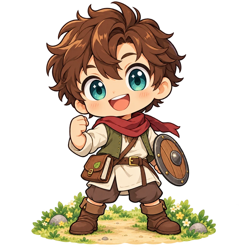 Rowan, the FoodQuest Knight, standing on a small grassy garden path