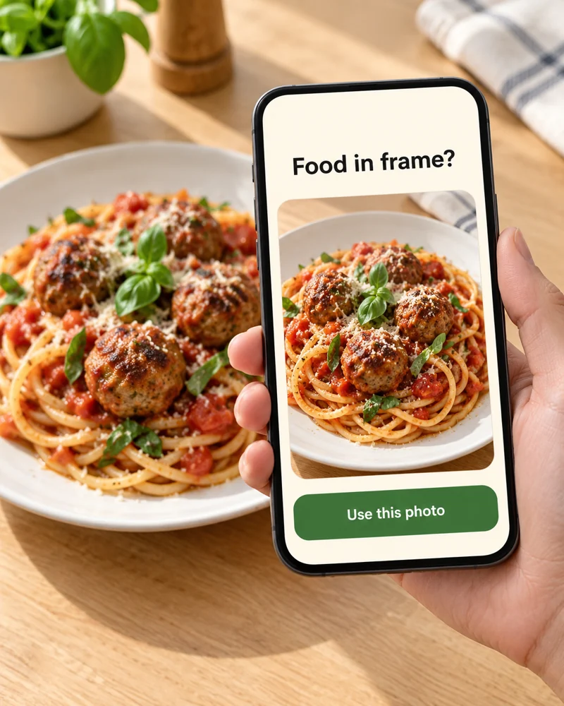 A hand holding a real phone to confirm a photograph of spaghetti and meatballs.