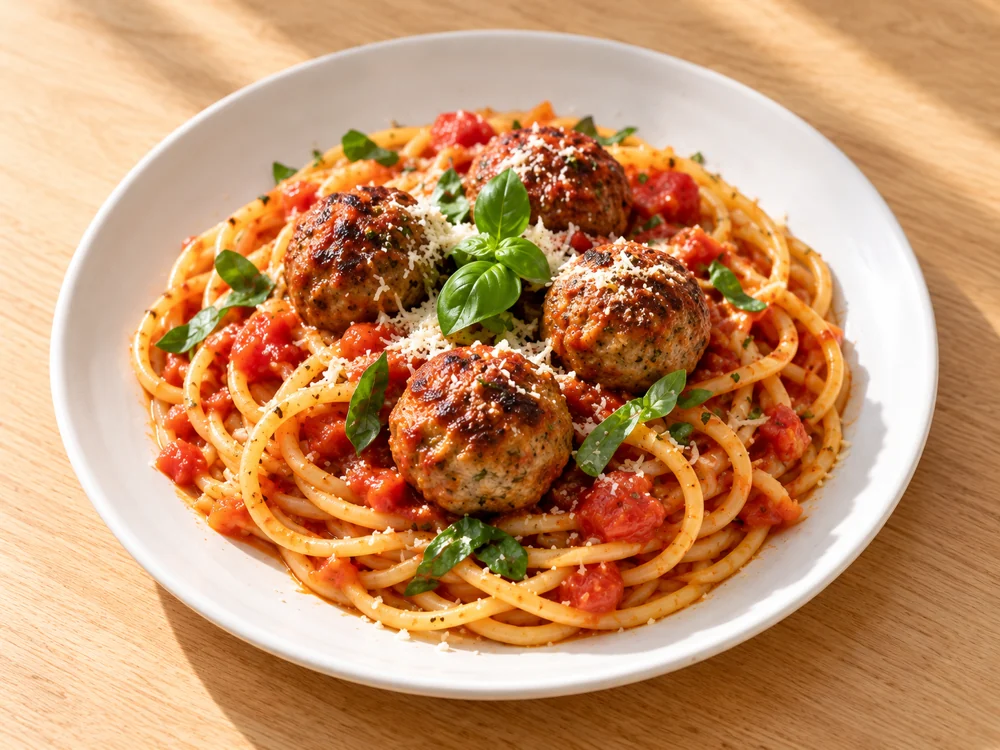 Real spaghetti and meatballs photographed for review